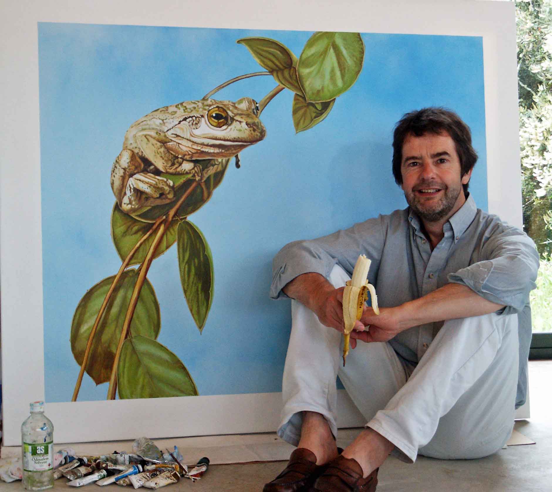 Me again - this time with bad haircut, a banana and an Australian tree frog.