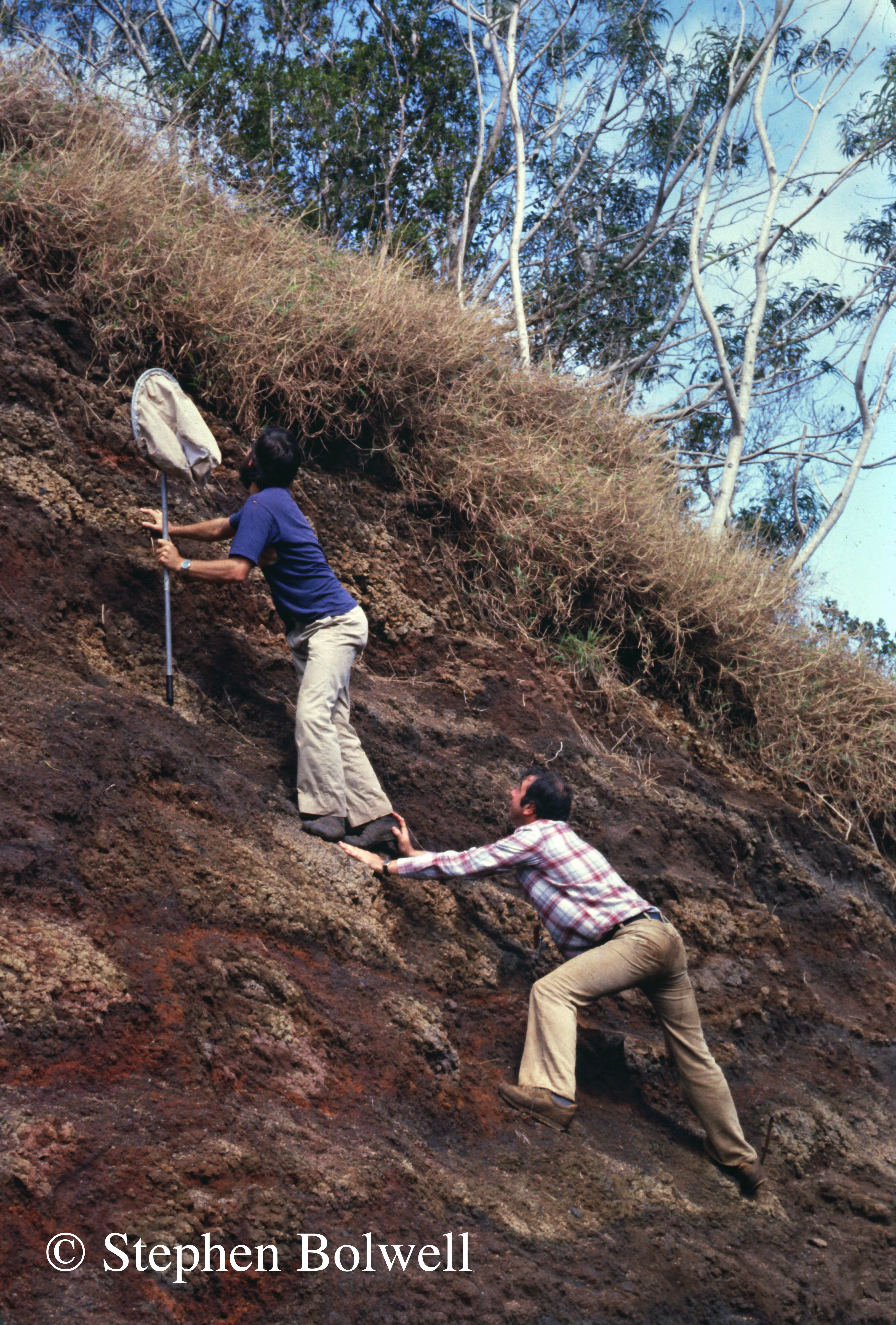 Roger Jones supporting Steve Montgomery (with the net) collecting specimens for filming in 1980.