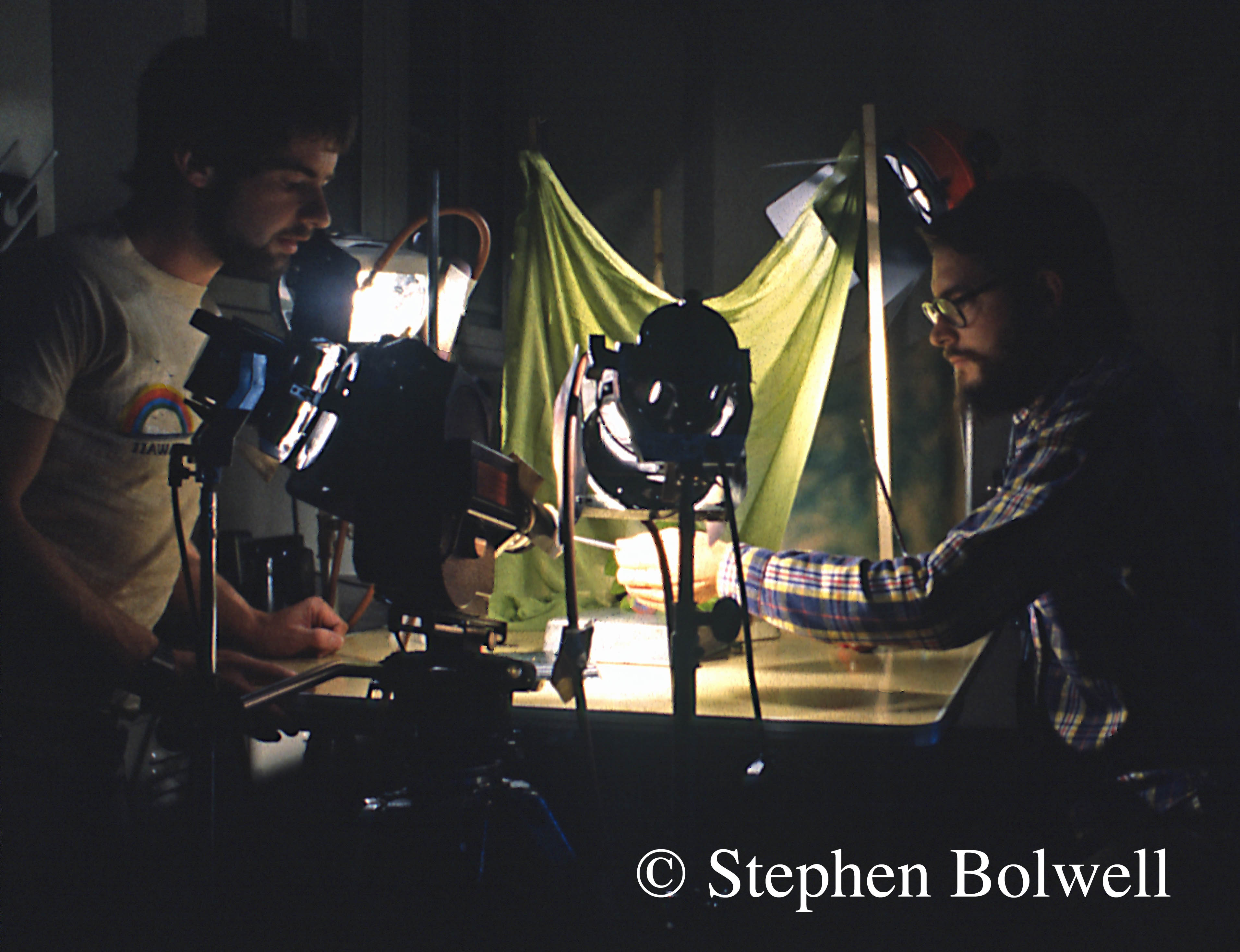 Filming in the lab (way back when) with Steve Montgomery (right). We are checking that the carnivorous caterpillars are happy under my water cooled lighting system - a year later I had the benefit of fibre optic lights.
