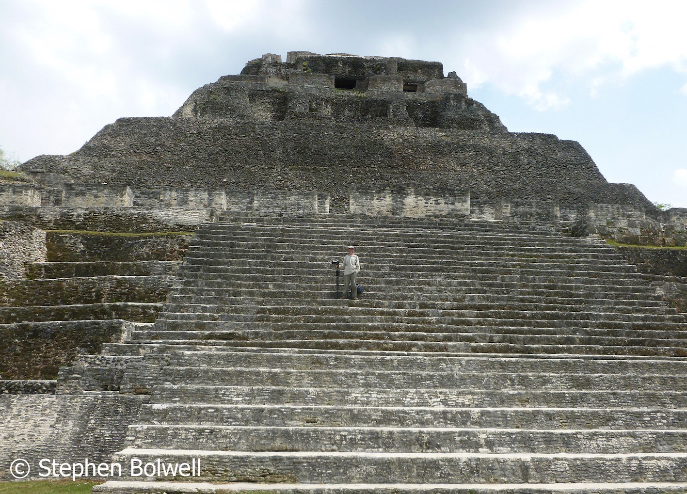 Standing on the steps of pyramid El Castillo - the most prominent structure here - looking down onto the square below.